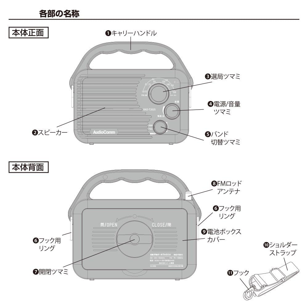 アウトドアラジオ（保護等級IP65 防塵防水/口径75mmスピーカー/FMロッドアンテナ付/ワイドFM/単1形×4本使用）_03-0988_RAD-T202S_OHM（オーム電機）