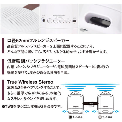 ワイヤレスラウンドスピーカー【高音質・重低音】（Bluetooth/USB-C充電式/AUX IN端子搭載/ホワイト）_03-2386_ASP-W125N-W_OHM（オーム電機）