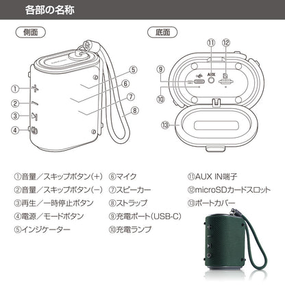 Bluetoothワイヤレスアウトドアスピーカー（USB-C充電式/連続再生5時間/最大出力5W/保護等級IP66/グリーン）_03-2479_ASP-W180N_OHM（オーム電機）