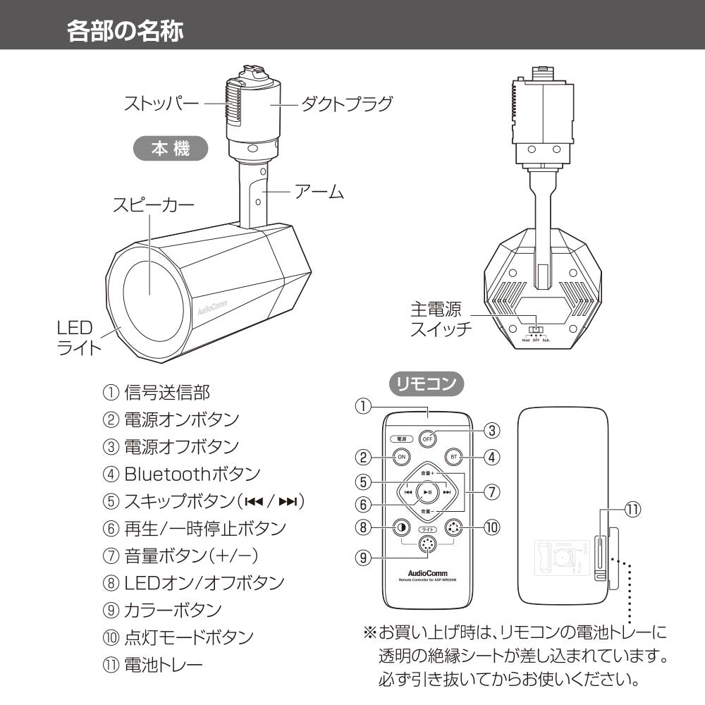 LED一体型ワイヤレススピーカー（口径50mmスピーカー/12W/RGBイルミネーション7色/ライティングダクト接続）_03-2950_ASP-WR200N_OHM（オーム電機）