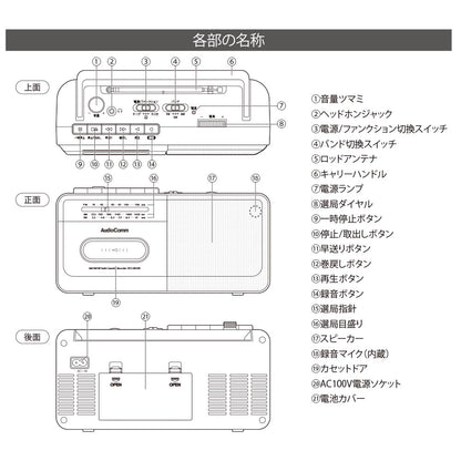 モノラルラジオカセットレコーダ（AM,FM,SW受信/カセットテープ再生・録音/ワイドFM/2電源方式/単2形×4本使用/ブラック）_03-5553_RCS-M150N_OHM（オーム電機）