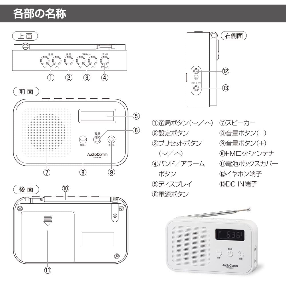 コンパクト卓上ラジオ（ワイドFM/乾電池・ACの2電源/単4形×3本使用/デジタル高感度受信/ホワイト）_03-7055_RAD-H225N-W_OHM（オーム電機）