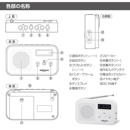 コンパクト卓上ラジオ（ワイドFM/乾電池・ACの2電源/単4形×3本使用/デジタル高感度受信/ホワイト）_03-7055_RAD-H225N-W_OHM（オーム電機）