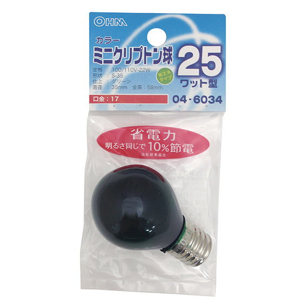 【納期約2週間・ご注文単位5個】LB-S3725K-CG ミニクリプトン球 クリアカラー（25W/グリーン/E17） OHM（オーム電機）