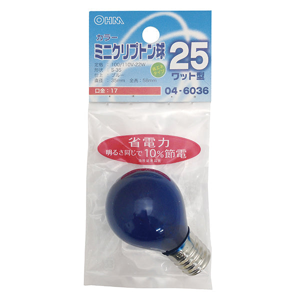 【納期約2週間・ご注文単位5個】LB-S3725K-CA ミニクリプトン球 クリアカラー（25W/ブルー/E17） OHM（オーム電機）