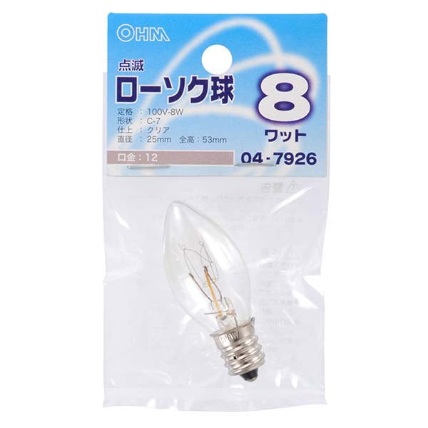 【納期約2週間・ご注文単位5個】LB-C7208TE-C 点滅ローソク球（8W/クリア/C-7/E12） OHM（オーム電機）