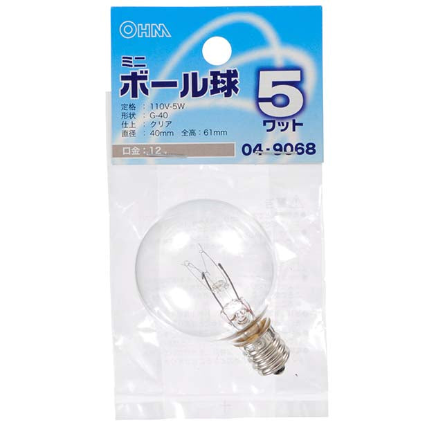 【納期約2週間・ご注文単位5個】LB-G4205-C ミニボール球（5W/クリア/G40/E12） OHM（オーム電機）