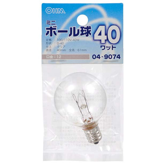 【納期約2週間】LB-G4240-C ミニボール球（40W/クリア/G40/E12） OHM（オーム電機）