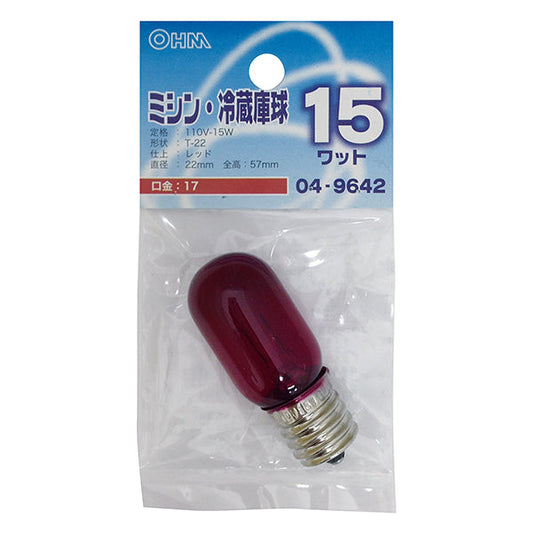 【納期約2週間・ご注文単位5個】　LB-T2715-R ミシン・冷蔵庫球T22 E17 15Wレッド OHM（オーム電機）