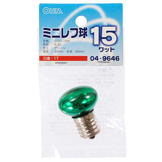 【納期約2週間】LB-R3715-CG ミニレフ球（15W/グリーン/R-30/E17） OHM（オーム電機）