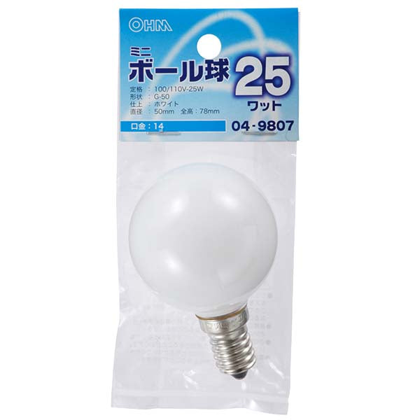 【納期約2週間】LB-G5425-W ミニボール球（25W/ホワイト/G50/E14） OHM（オーム電機）