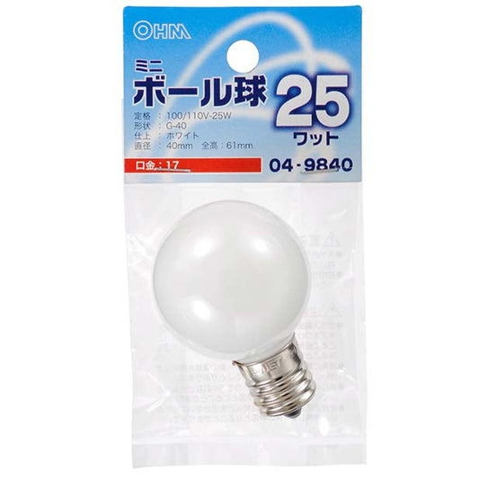 【納期約2週間】LB-G4725-W ミニボール球（25W/ホワイト/G40/E17） OHM（オーム電機）