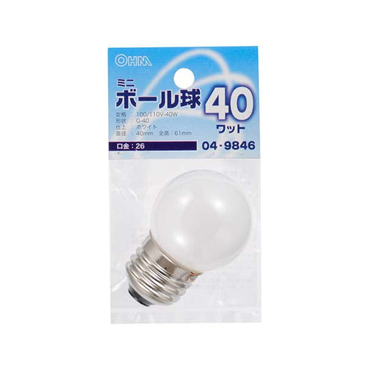 【納期約2週間】LB-G4640-W ミニボール球（40W/ホワイト/G40/E26） OHM（オーム電機）