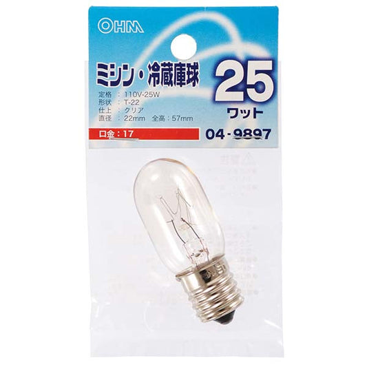 【納期約2週間・ご注文単位5個】LB-T2725-C ミシン・冷蔵庫球T22 E17 25Wクリア OHM（オーム電機）