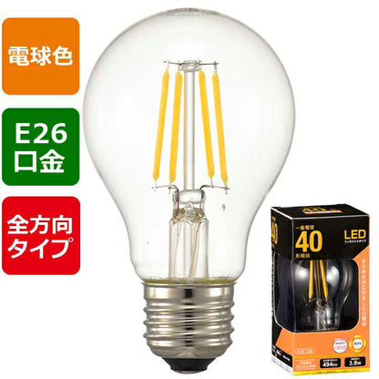 ＬＥＤフィラメントタイプ電球 クリア（40形相当/494lm/電球色/E26/全方向配光310°）