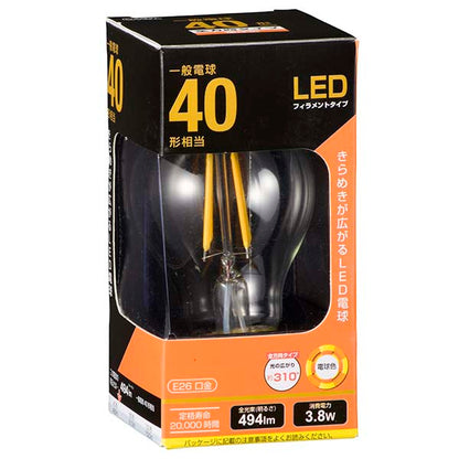 ＬＥＤフィラメントタイプ電球 クリア（40形相当/494lm/電球色/E26/全方向配光310°）