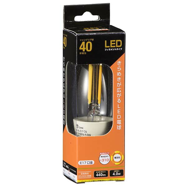 ＬＥＤフィラメントタイプ電球 シャンデリア球 クリア（40形相当/440lm/電球色/E17/全方向配光310°）