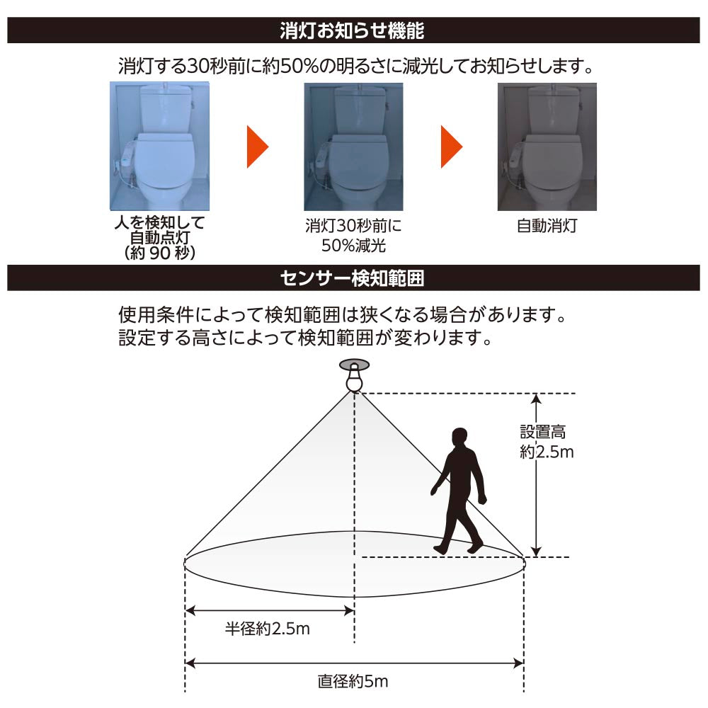 【消灯お知らせ機能搭載】LED電球（40形相当/4.7W/580 lm/昼光色/E26/人感・明暗センサー付）_06-5588_LDA5D-G PIR6_OHM（オーム電機）