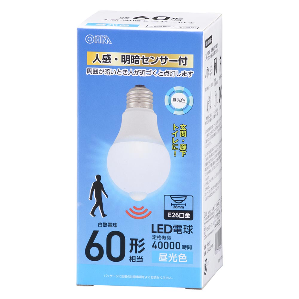 【消灯お知らせ機能搭載】LED電球（60形相当/7.2W/890 lm/昼光色/E26/人感・明暗センサー付）_06-5590_LDA7D-G PIR6_OHM（オーム電機）