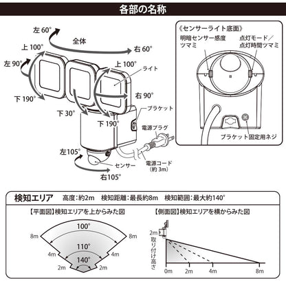 防犯センサーライト3灯（4500lm/昼光色/コンセント式、コード長3m/焦電型赤外線センサー/保護等級IP44）_07-8810_LS-A450W3_OHM（オーム電機）