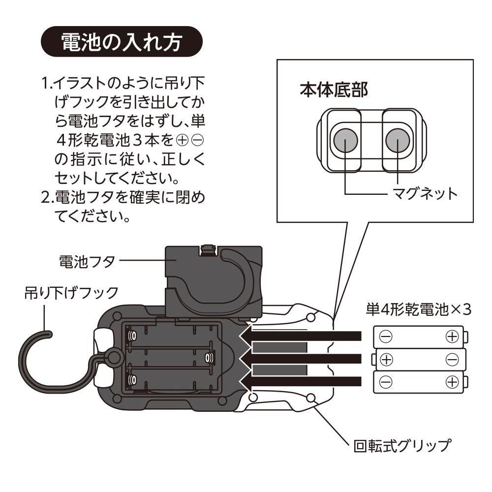 多目的作業ライト（COB LED/照射角度70°/単4形×3本使用/昼光色/130 lm/連続使用5時間）_08-0874_SL-W130R6C_OHM（オーム電機）