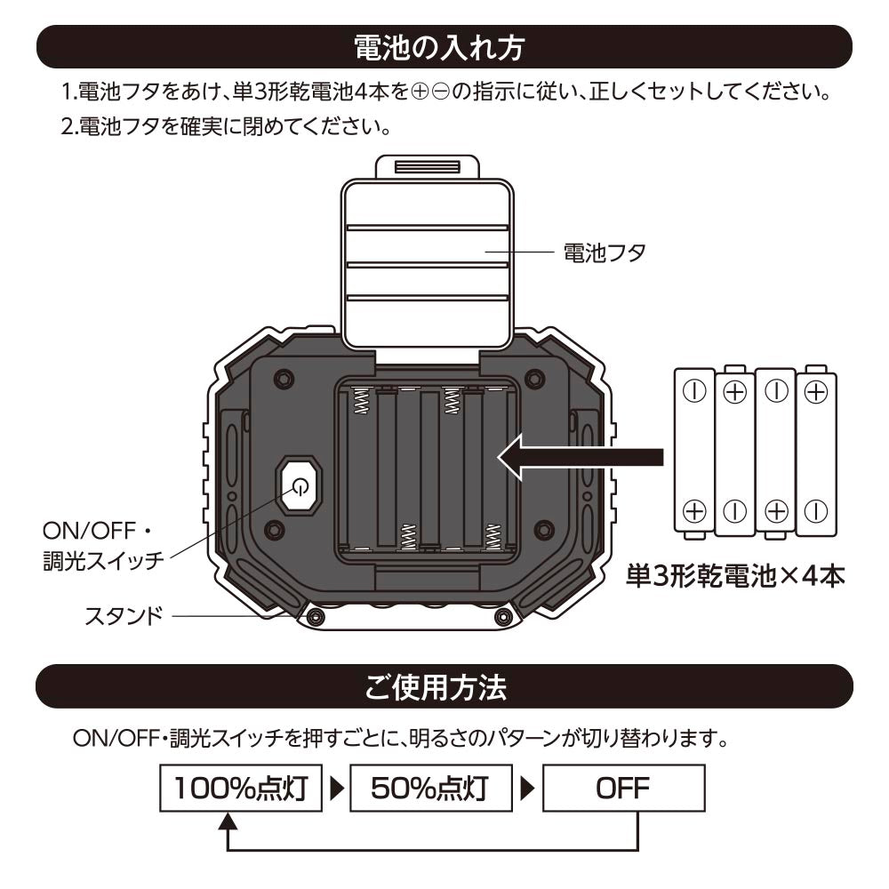 多目的作業ライト（COB LED/照射角度83°/単3形×4本使用/昼光色/MAX350 lm/連続使用6時間）_08-0877_SL-W320R6C_OHM（オーム電機）