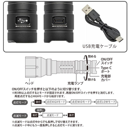 ラバーグリップLEDズームライト（USB充電/白色系LED/調光3段階/900 lm/連続点灯16時間LOW/防水仕様IPX4）_08-0937_LHA-ZC90A7_OHM（オーム電機）