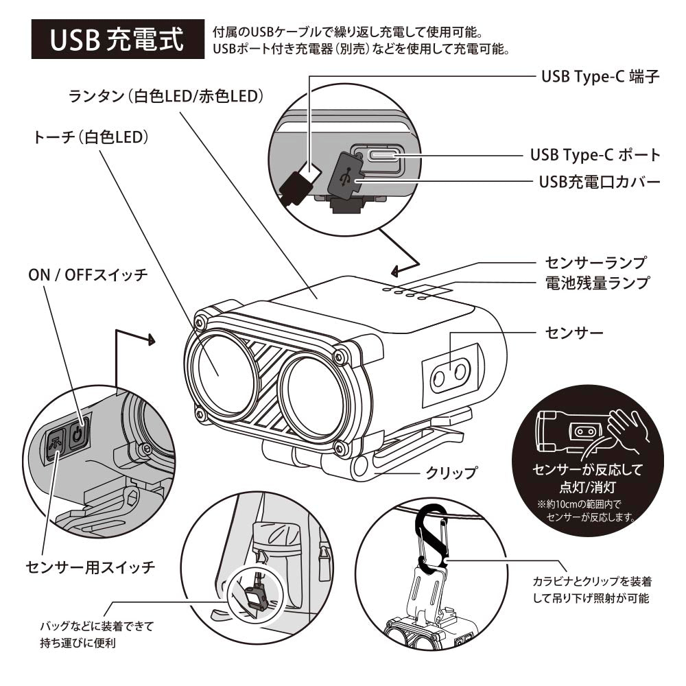 センサー付きマルチライト（MAX450 lm/USB充電/無段階調光/連続点灯28時間/保護等級IPX4）_08-0938_LH-SC50A7_OHM（オーム電機）