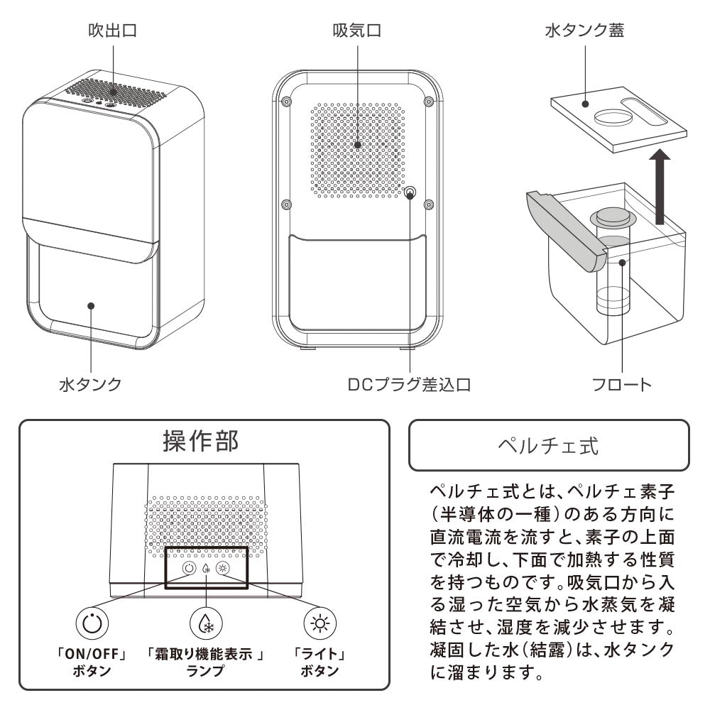 コンパクト除湿機（ペルチェ式/ライト機能/霜取り機能/容量800ml/ホワイト）_08-3317_DH-100-W_OHM（オーム電機）