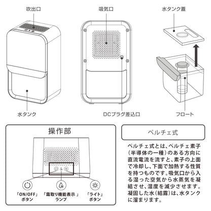 コンパクト除湿機（ペルチェ式/ライト機能/霜取り機能/容量800ml/ホワイト）_08-3317_DH-100-W_OHM（オーム電機）