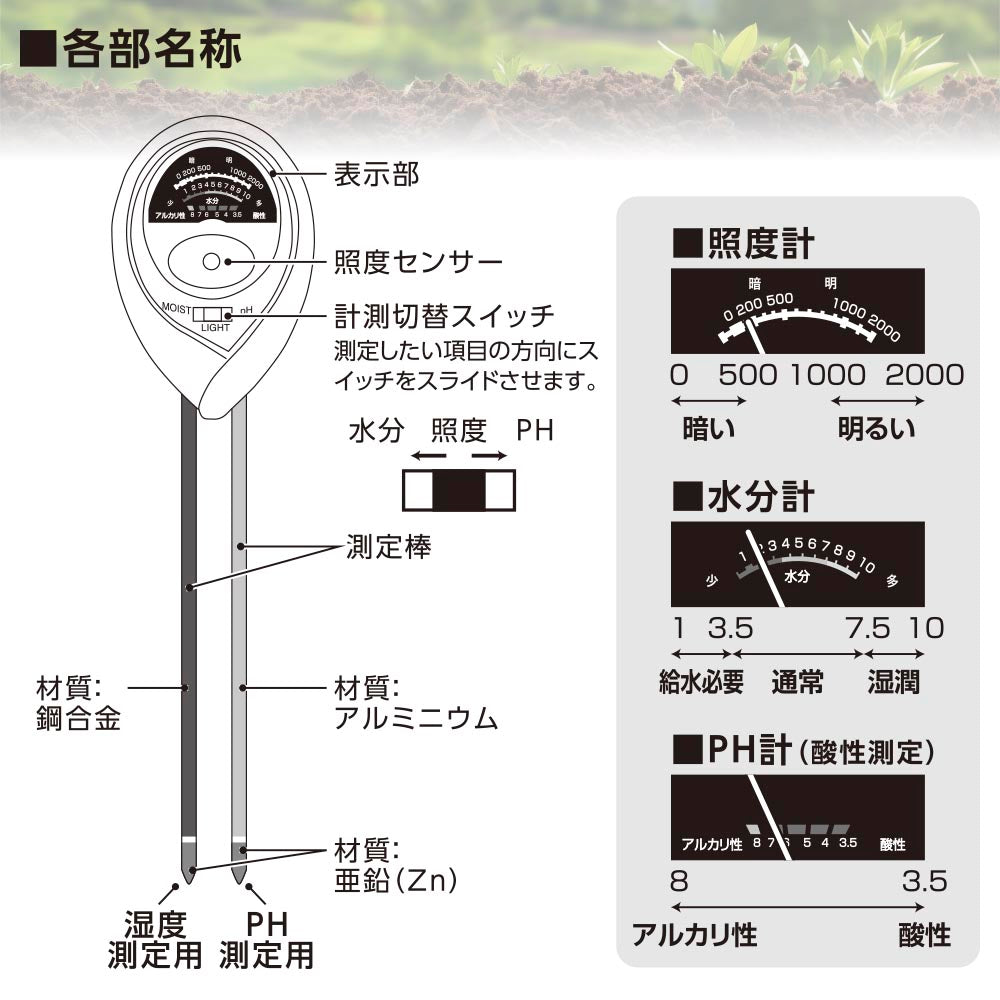 ガーデン用測定ツール（水分、照度、PH測定/電池不要/質量58g）_08-7004_SL-YG04SM2A_OHM（オーム電機）