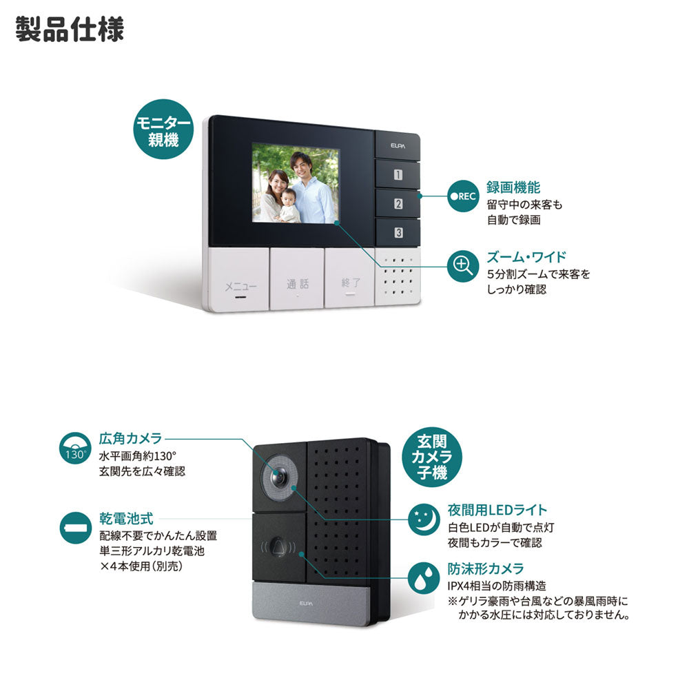 ワイヤレステレビドアホン 玄関カメラ＆壁掛モニターセット DHS-SM2030_1864100_DECT ELPA（エルパ・朝日電器）