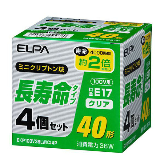 長寿命ミニクリプトン球 36W E17 クリア 4個入 EKP100V36LW(C)4P