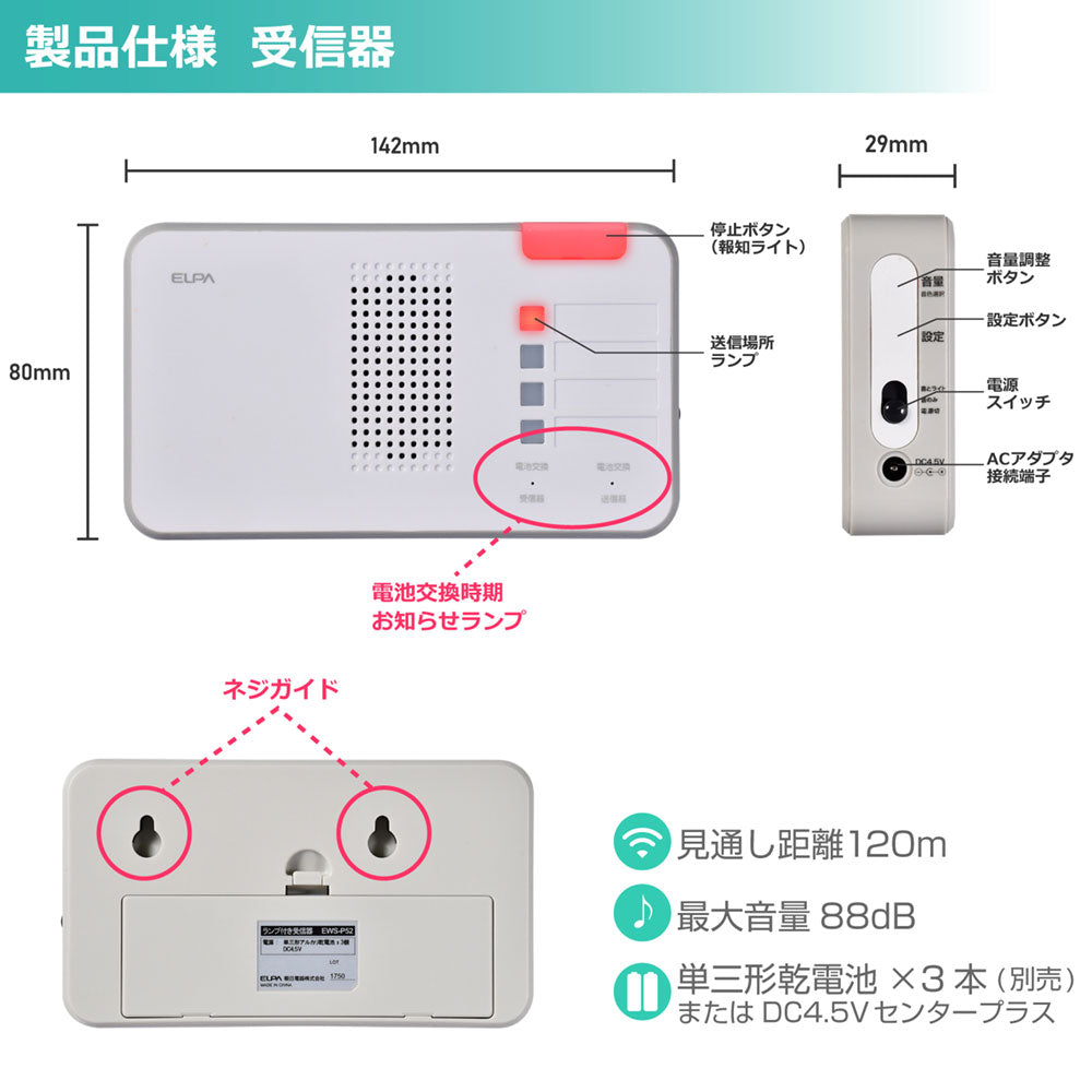 EWS-P52_1929500_ワイヤレスチャイムランプ付き受信器 増設用