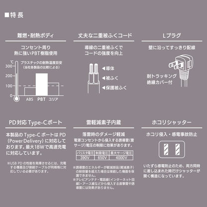 雷ガード付安全タップ（3個口/コード長1m/Type-C[PD対応]×1、Type-A×1/ホコリシャッター/Lプラグ/ホワイト）_00-1005_HS-TKU31PD23-W_OHM（オーム電機）