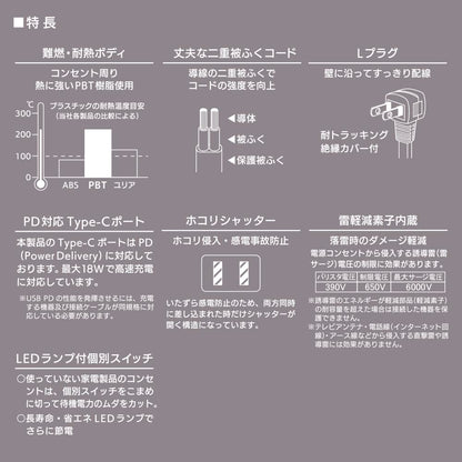 雷ガード付節電タップ（4個口/1m/Type-C[PD対応]×1、Type-A×1/LED付個別スイッチ/ホコリシャッター/L型プラグ/ブラック）_00-1014_HS-TPKU41PD23-K_OHM（オーム電機）