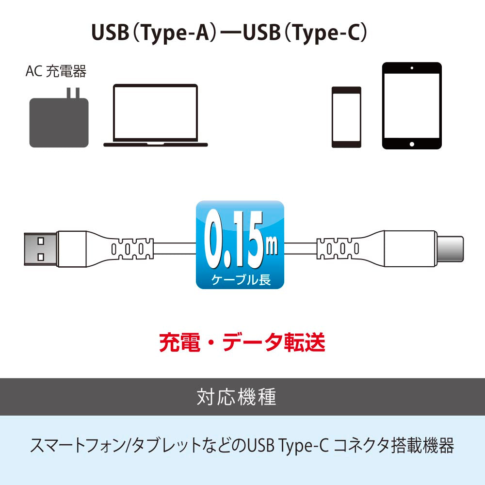 Type-Cケーブル（ロングブッシュ形状/USB Type-A to Type-C/0.15m/ホワイト）_01-7127_SMT-L015CAS-W_OHM（オーム電機）