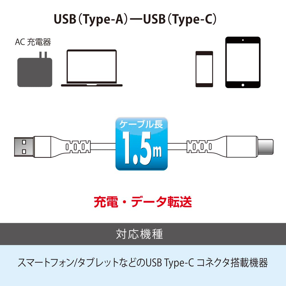 Type-Cケーブル（ロングブッシュ形状/USB Type-A to Type-C/1.5m/ホワイト）_01-7129_SMT-L15CAS-W_OHM（オーム電機）