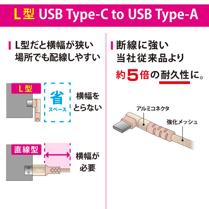 高耐久USBケーブル（Type-C［L形］ to Type-A/強化メッシュ/アルミコネクタ/大電流充電/ケーブル1.5m）_01-7135_SMT-L15LTCA-N_OHM（オーム電機）