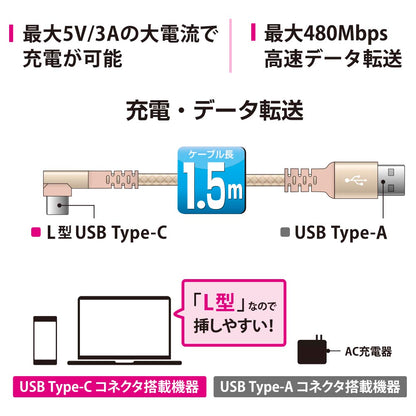 高耐久USBケーブル（Type-C［L形］ to Type-A/強化メッシュ/アルミコネクタ/大電流充電/ケーブル1.5m）_01-7135_SMT-L15LTCA-N_OHM（オーム電機）