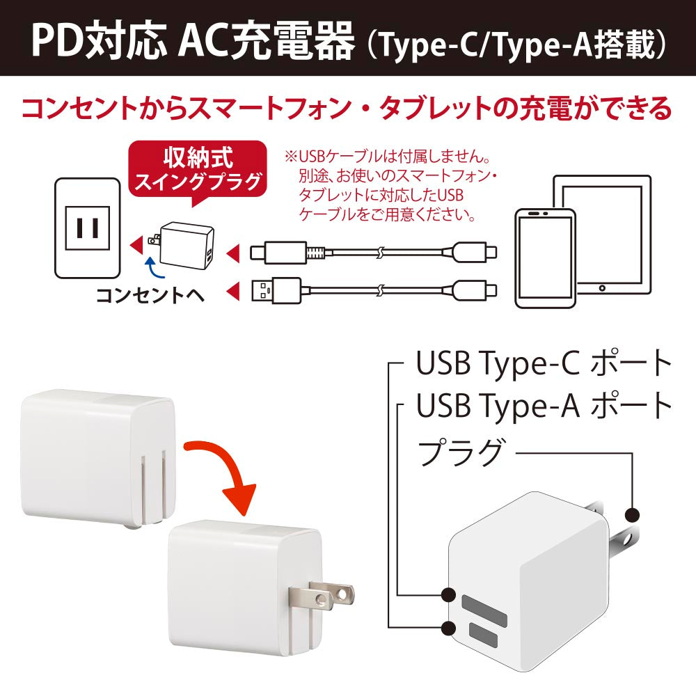 AC充電器（PD対応USB Type-C/QC3.0対応 Type-A/MAX20W出力/ホワイト）_01-7172_MAV-AQP20W-W_OHM（オーム電機）