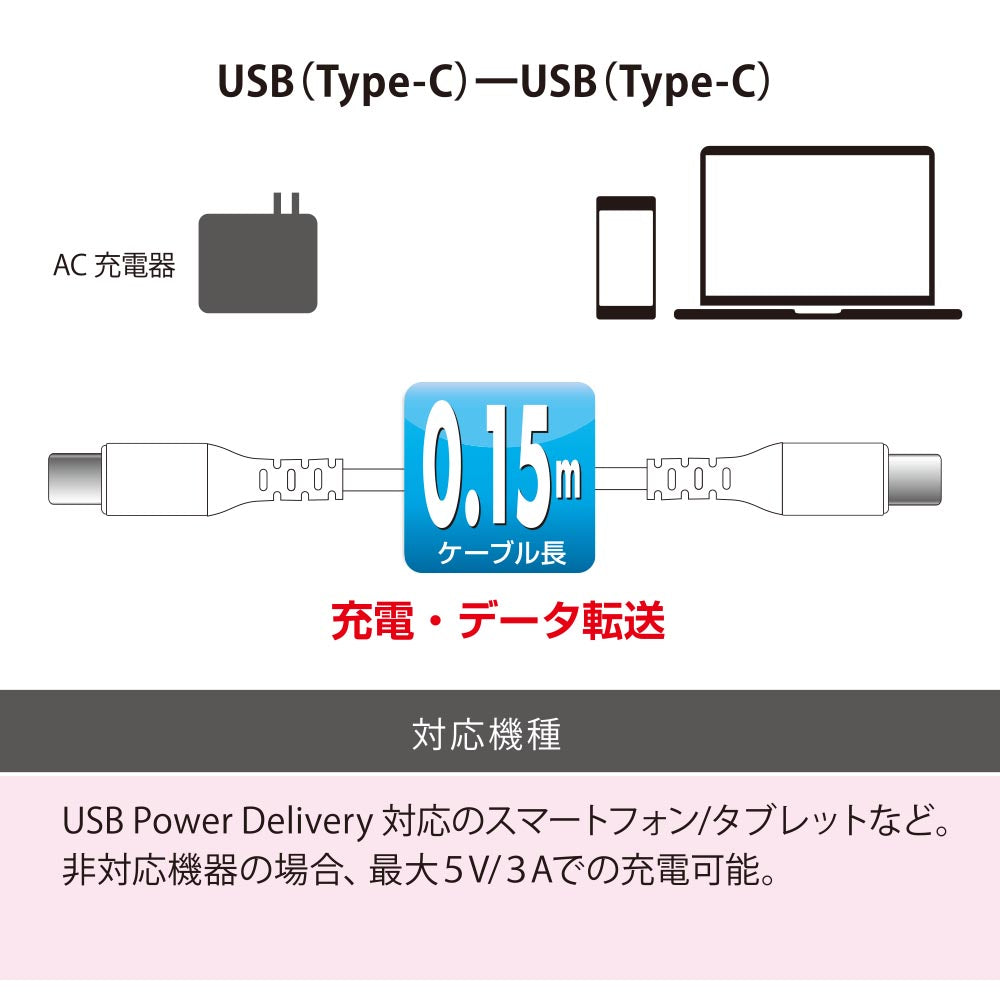 PD対応Type-Cケーブル（ロングブッシュ形状/USB Type-C to Type-C/0.15m/ホワイト）_01-7193_SMT-L015PD-W_OHM（オーム電機）