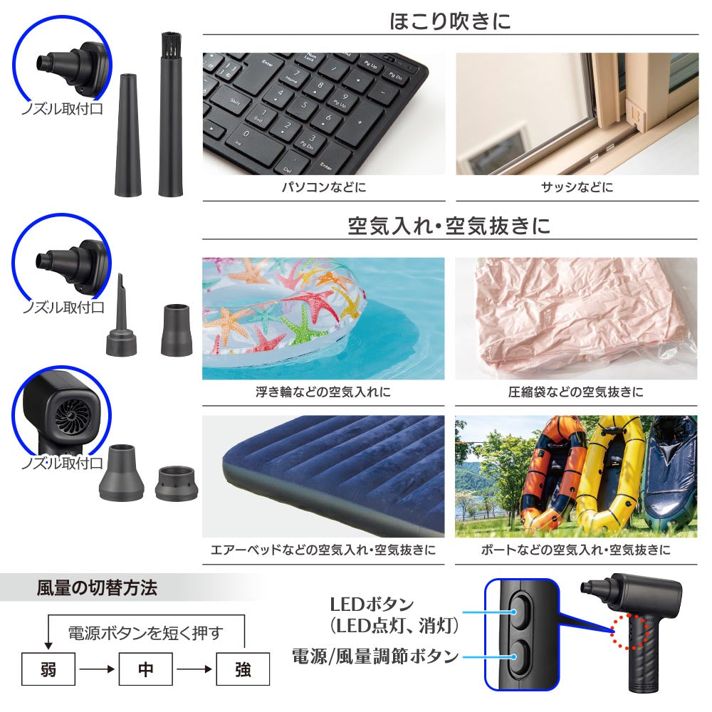 充電式電動エアダスター（風量3段階/LEDライト付/アタッチメント6点付/収納ポーチ付/ブラック）_01-7231_OA-MAD01-K_OHM（オーム電機）