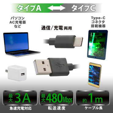 USB2.0ケーブル（Type-A－Type-C/通信・充電両用/最大3A/ケーブル長1m/ブラック）_01-7238_SMT-LC1M-K_OHM（オーム電機）