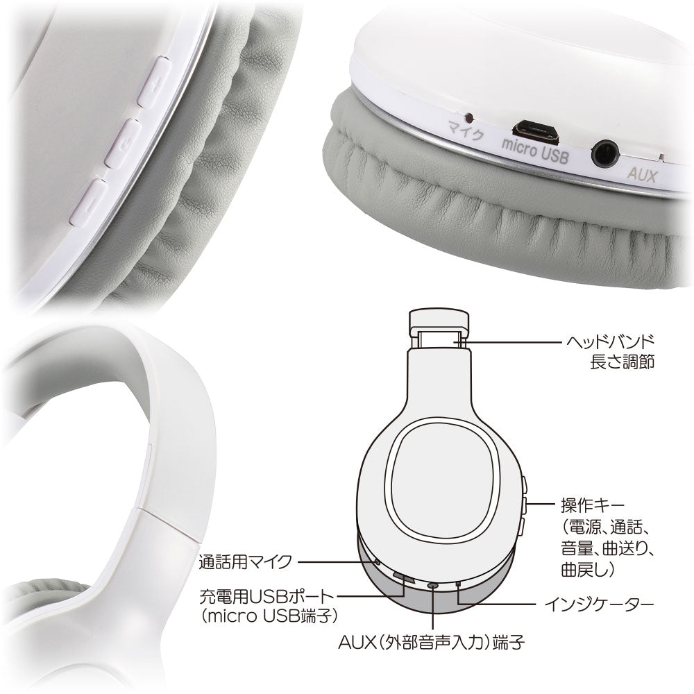 ワイヤレスヘッドホン（Bluetooth/USB充電/スピーカー口径40mm/外部音声入力端子/ホワイト）_03-5051_HP-W265Z-W_OHM（オーム電機）