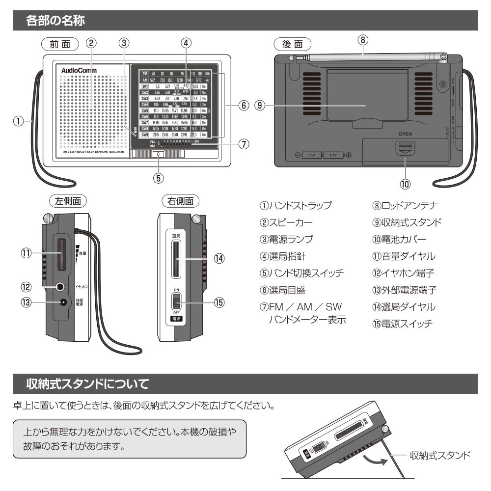 ハンディAM/FM短波ラジオ（ワイドFM/乾電池・ACの2電源/単3形×2本使用/シルバー）_03-5570_RAD-H330N_OHM（オーム電機）