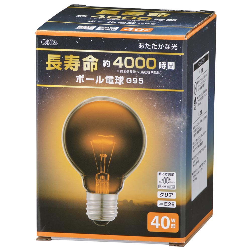 ボール球 長寿命（40W/クリア/電球色/450 lm/調光機能対応/E26/G95）_06-0861_LB-GL9640K-CN_OHM（オーム電機）