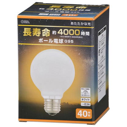 ボール球 長寿命（40W/ホワイト/電球色/400 lm/調光機能対応/E26/G95）_06-0862_LB-GL9640K-WN_OHM（オーム電機）