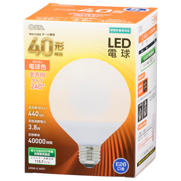 LED電球 ボール球形（40形相当/440Lm/3.8W/電球色/E26/全方向配光240°/密閉形器具対応）_06-3161_LDG4L-G AG51_OHM（オーム電機）