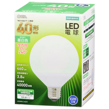 LED電球 ボール球形（40形相当/460Lm/3.8W/昼白色/E26/全方向配光240°/密閉形器具対応）_06-3162_LDG4N-G AG51_OHM（オーム電機）